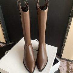 Grape Mom's Fashion V-Neck Knee-High Western Boots: Stylish Pointed-Toe Knight Boots for Comfortable Outwear—Denim Edition
