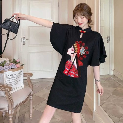 Improved version of lotus leaf sleeve cheongsam for fat mm 300 pounds plus size Chinese style national trend Peking opera print daily dress for women