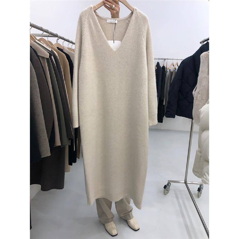 1.0-150kg Autumn/Winter New Loose Slimming Base Collar Long Dress Plus Size Knitted Sweater Long Sleeve Women's Dress