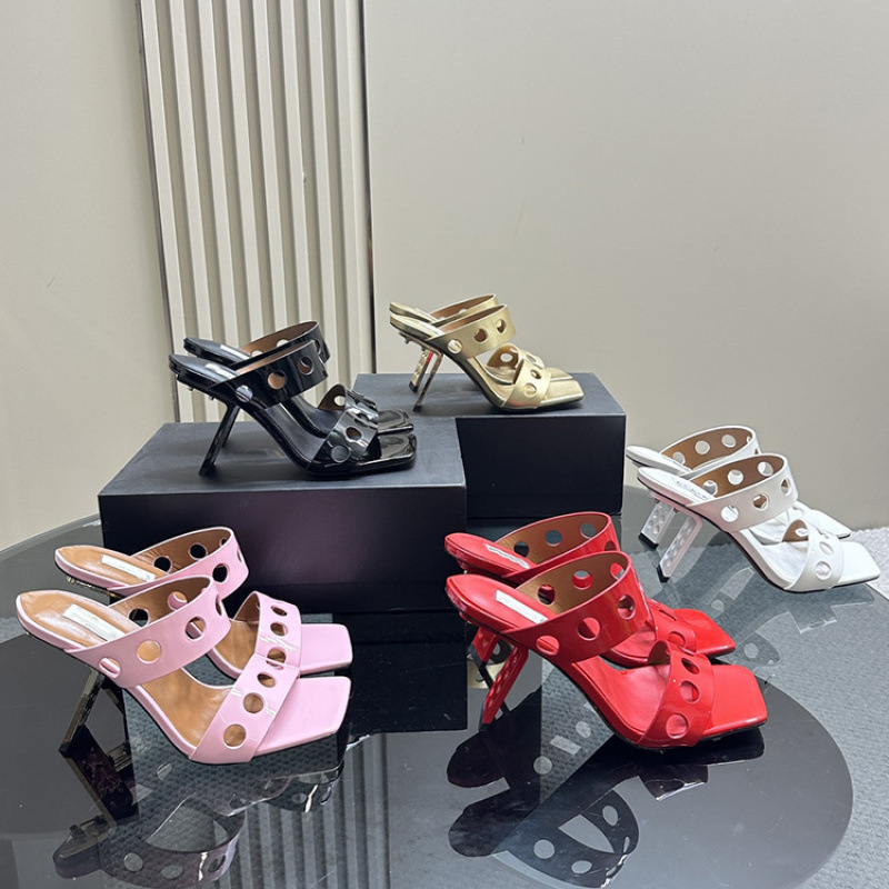 European and American Square-Toed Triangular Special-Shaped Wine Glass Heel Open-Toe Fashion High-Heeled Slippers Double-Layer One-Line Strap Toe Hole Sandals