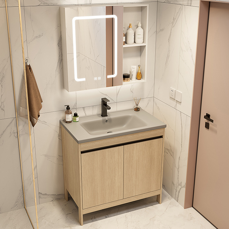 Espacio de aluminio madera gabinete de baño combinación de cerámica gris una bañera de baño tipo piso lavabo piscina balcón