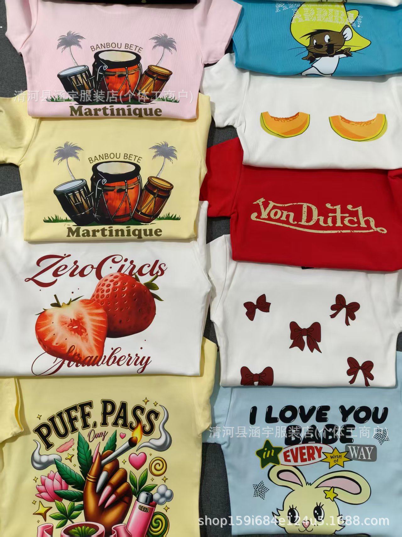 Basictops Women's Short-Sleeved T-Shirt Summer European and American Cross-Border Ribbed Cotton Cartoon Print Basic Top New Style t