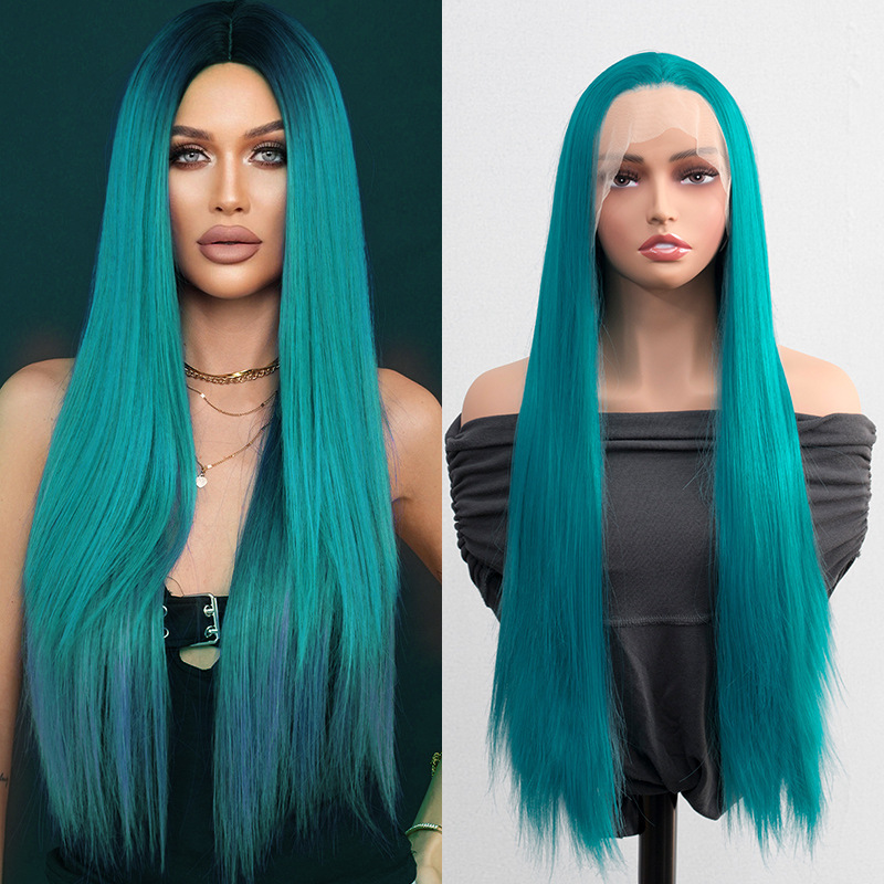 New Peacock Blue Long Straight Wig 13*4 Front Lace Chemical Fiber High Temperature Silk Cosplay Headgear