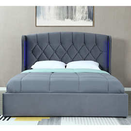 外贸工厂欧式风格植绒床水晶拉扣储物床king size bed