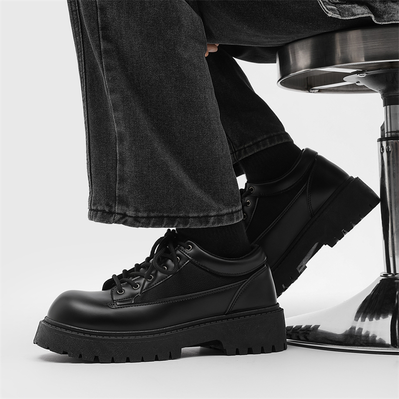 Baskets Derby pour homme ShoeVault, semelle épaisse rehaussante, noires, style britannique décontracté, chaussures de sport en cuir et mesh respirant pour l'été_voghion.com