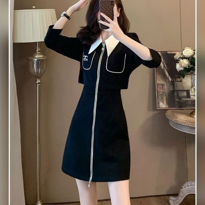 时尚流行刺绣连衣裙女2025秋季新款时髦气质收腰显瘦假两件小黑裙|undefined