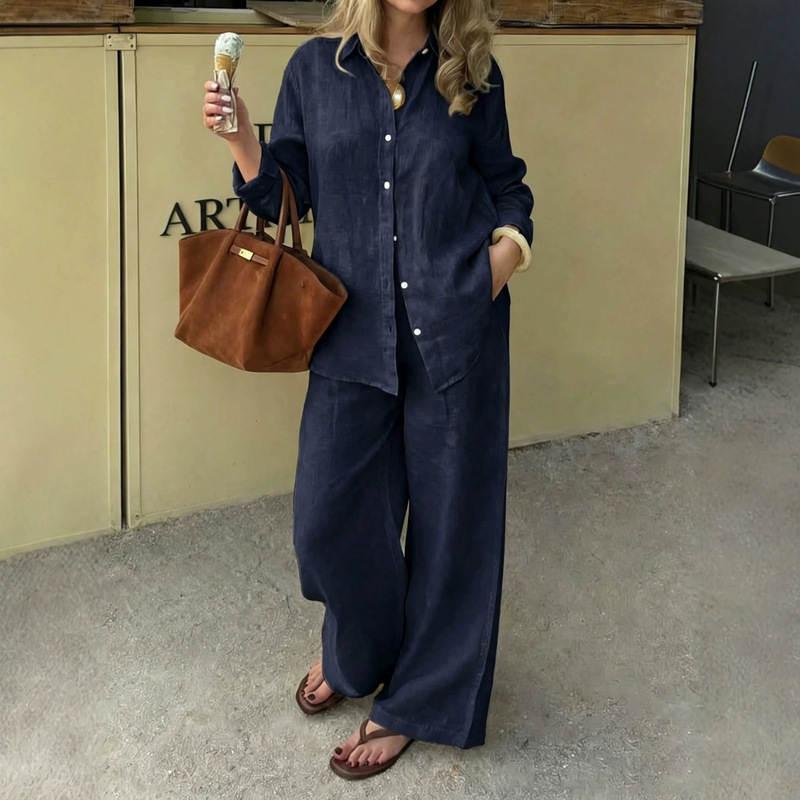 2026 Foreign Trade Simple Linen Two-Piece Set with a Collared Long-Sleeve Shirt and Straight Wide-Leg Pants, Casual Urban Commuter Outfit