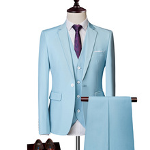 2024新款男士商务休闲西装套装西服套装天蓝色三件套青年一件代发