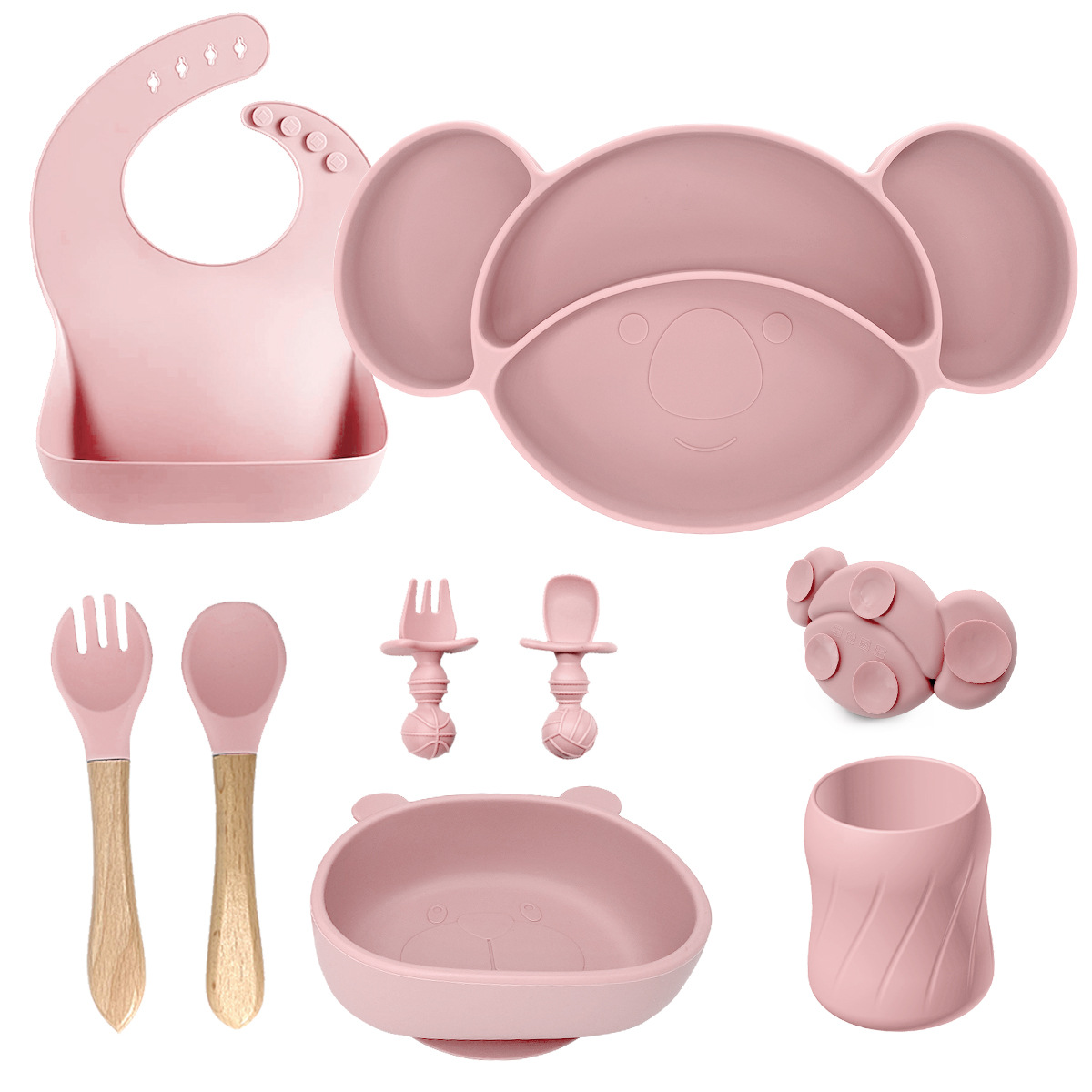 浅粉色-树袋熊+围兜+熊猫碗+短叉勺+木叉勺+小蛮腰杯