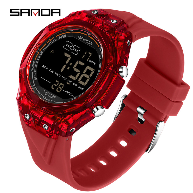 Reloj electrónico SANDA esfera transparente nocturna impermeable reloj multifuncional segmentación reloj de pulsera