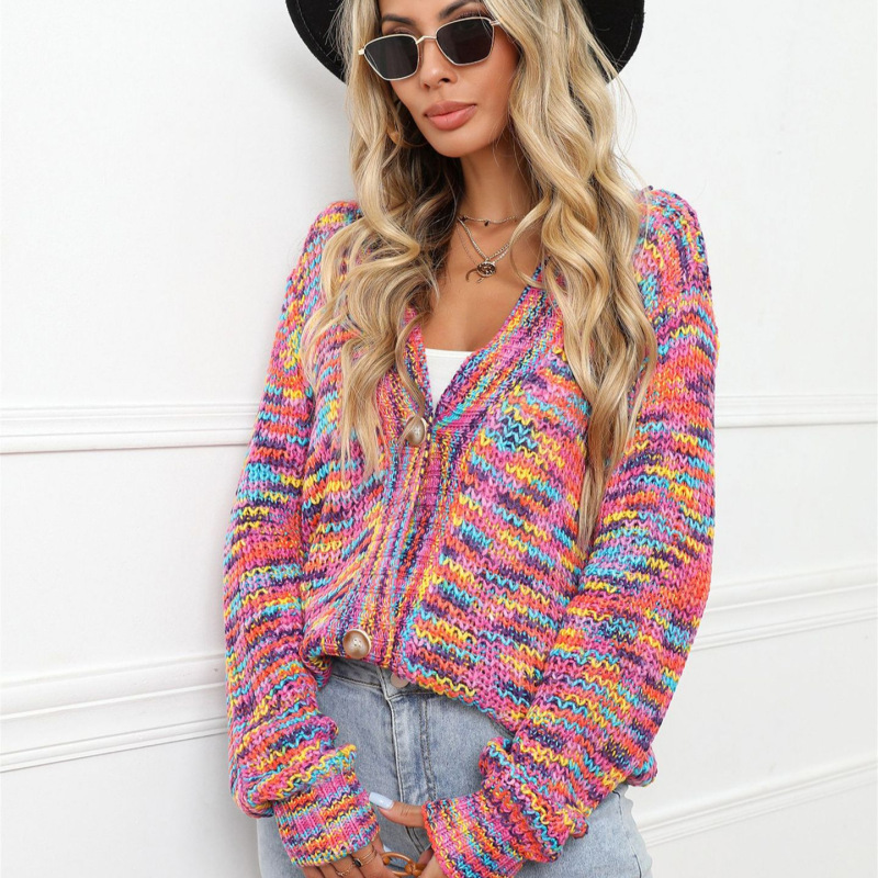 2026 Winter New Rainbow Color-Blocked Short Cardigan Knit Jacket with Buttons, Plus Size Amazon Export Shirt