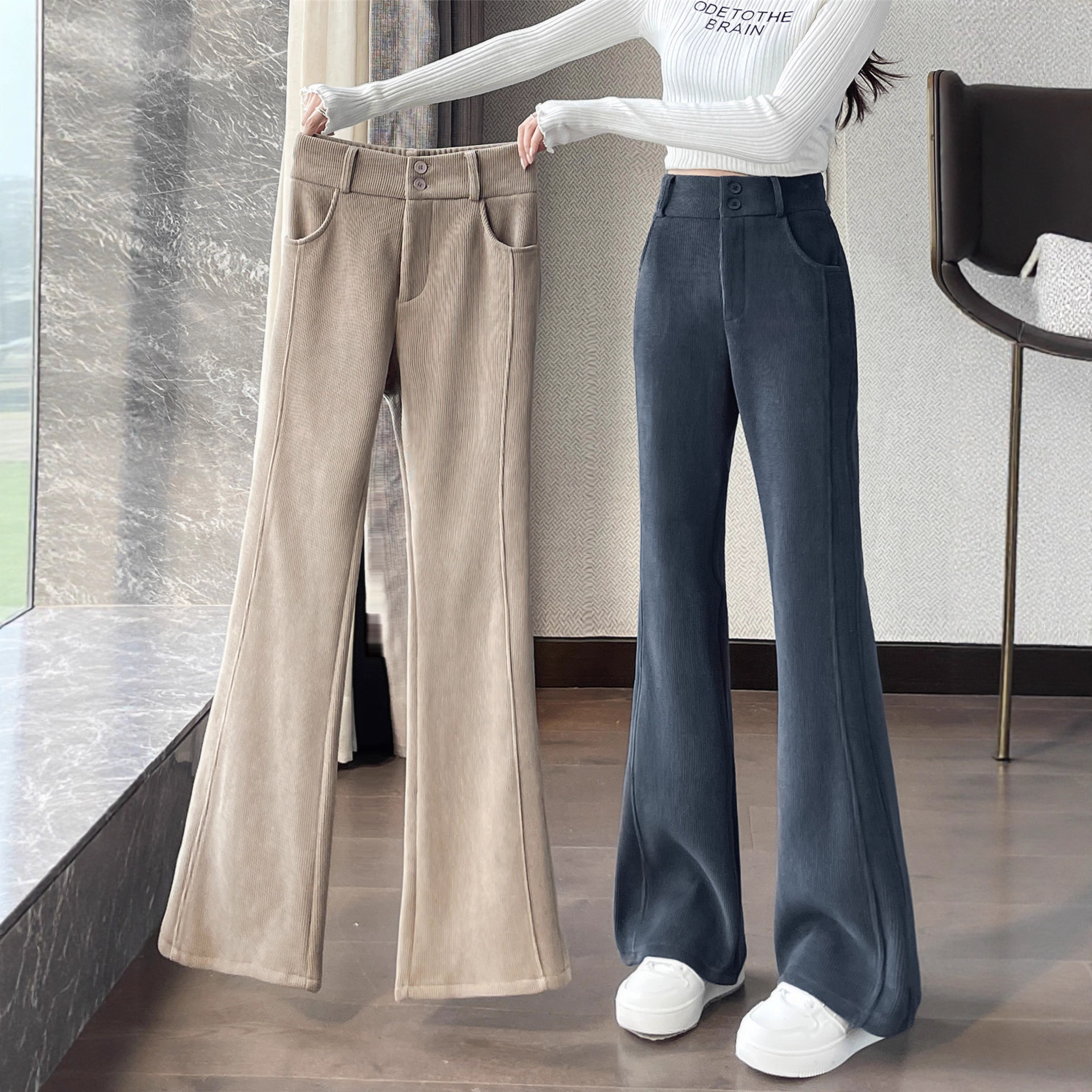 Chenille Flared Pants for Women, Autumn and Winter New High-Waisted Slimming Corduroy Pants with Fleece Lining