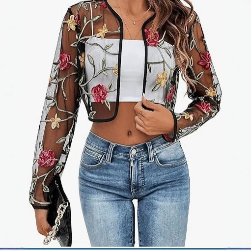 2026 Amazon Floral Embroidery Open-Front Short Jacket Long Sleeve Mesh Summer Cardigan Top Evening Dress Accessory 2026 Amazon Floral Embroidery Open-Front Short Jacket Long Sleeve Mesh Summer Cardigan Top Evening Dress Accessory