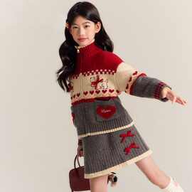 秋冬季2025新款儿童洋气卡通蝴蝶结加厚针织开衫半裙女童毛衣套装