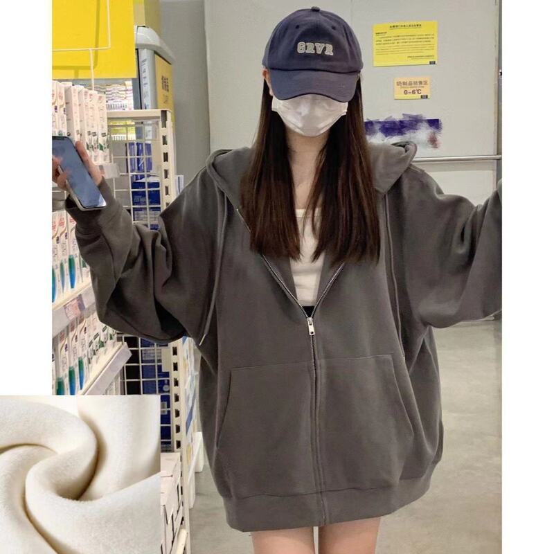 百搭春秋新款慵懒风连帽卫衣女冬加绒宽松情侣拉链开衫外套ins风|undefined