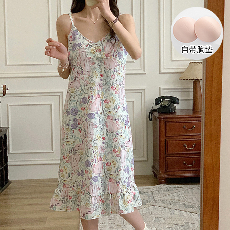 2024年新款吊带睡裙女夏季带胸垫少女甜美卡通睡衣家居服厂家批发