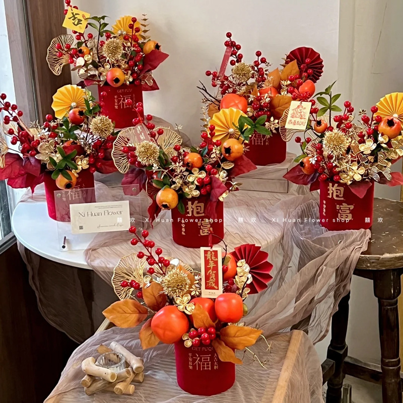 Barril de bendición de Año Nuevo al por mayor barril de abrazo rojo estampado redondo barril de flores barril vacío barril de hivernace material de arreglos de flores