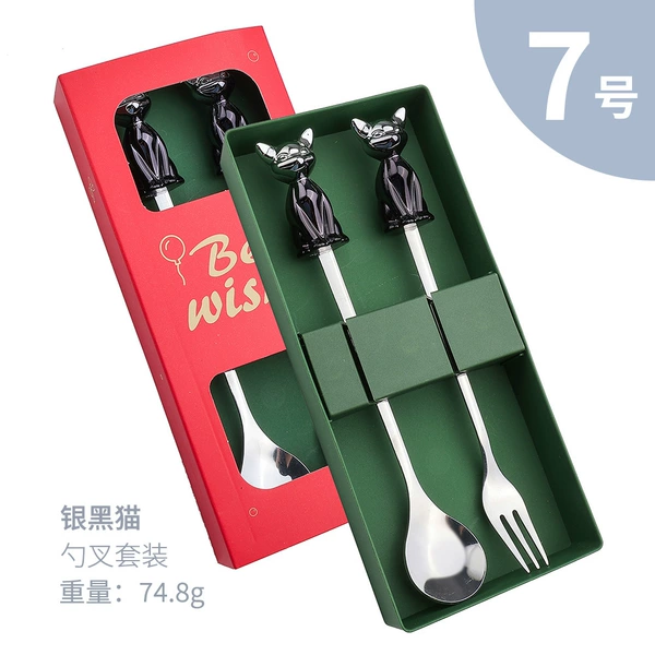 Silver and black Egyptian cat spoon and fork-silver 2PCS color box