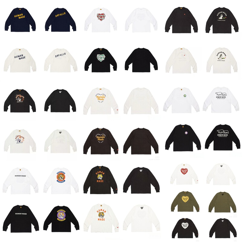 In Stock 25Aw Japanese Style Hm Brand Human Long-Sleeve T-Shirt Loose Casual Cartoon Print Vintage Base Shirt for Men and Women