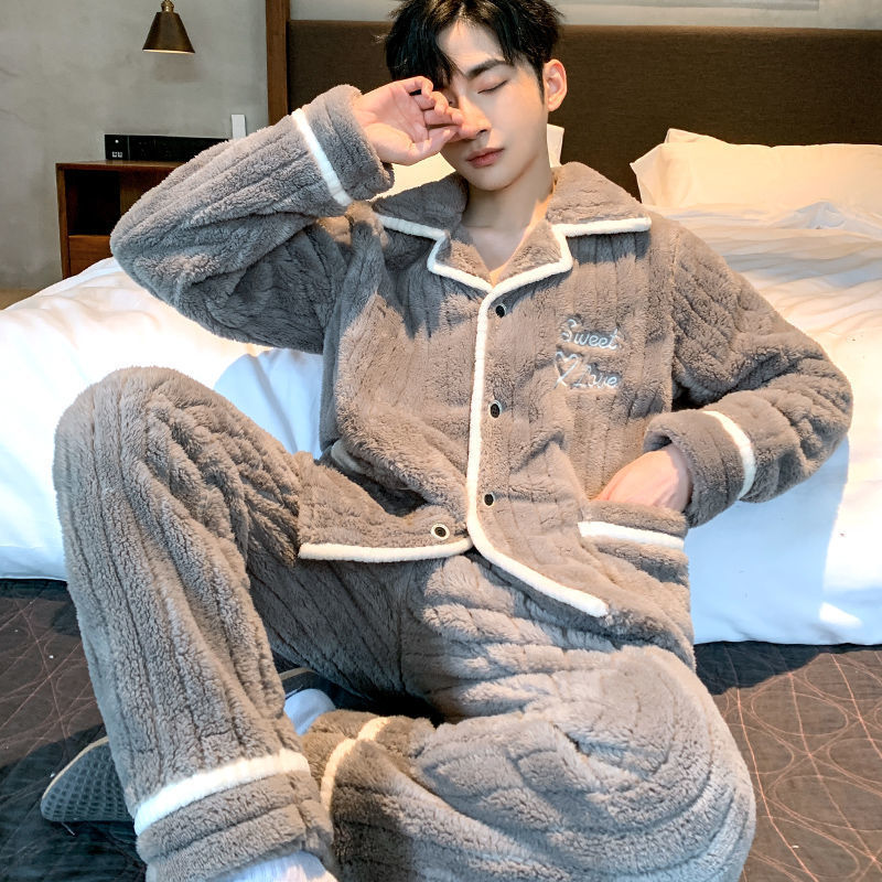 秋冬款睡衣男士珊瑚绒加绒加厚保暖法兰绒冬季家居服男款冬天套装