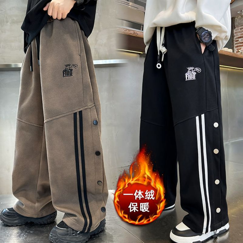 Boys' Autumn/Winter Casual Pants 2024, Korean Style, Button-Up Long Pants, Fleece Lined for Medium and Large Children, High Waist, Spring and Autumn Style