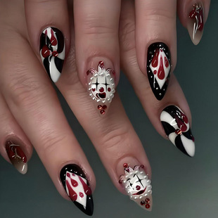2025 Halloween Circus Clown New Almond Wearable Nails Dark Patch Manicure Fake Nails Finished Products
