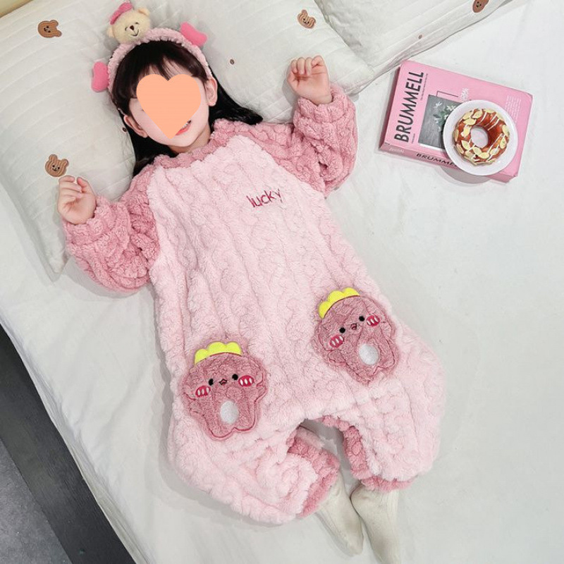 소녀 원바디 파자마 가을과 겨울 산호 양털 침낭 겨울 기모 등산 옷 어린이 플란넬 집 옷