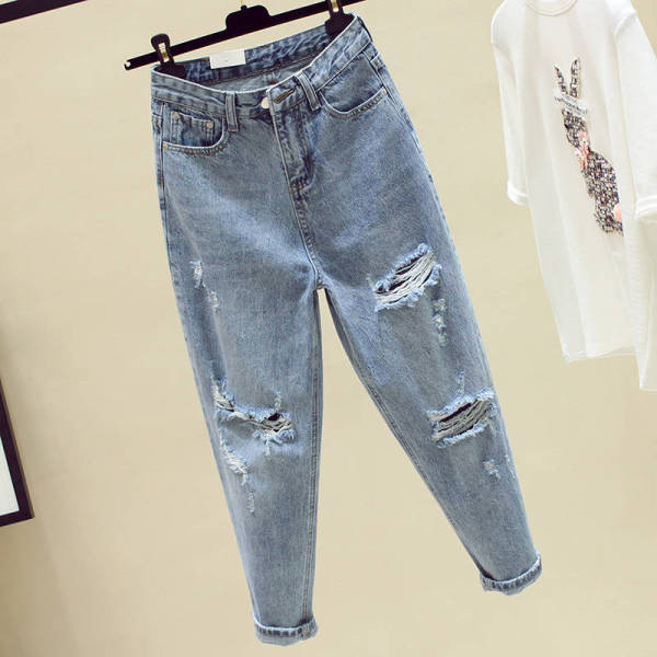 Non-Real Shot New Skinny All-Match Harlan Dad Jeans Women's Loose Cropped Straight Pants with Holes Non-Real Shot New Skinny All-Match Harlan Dad Jeans Women's Loose Cropped Straight Pants with Holes