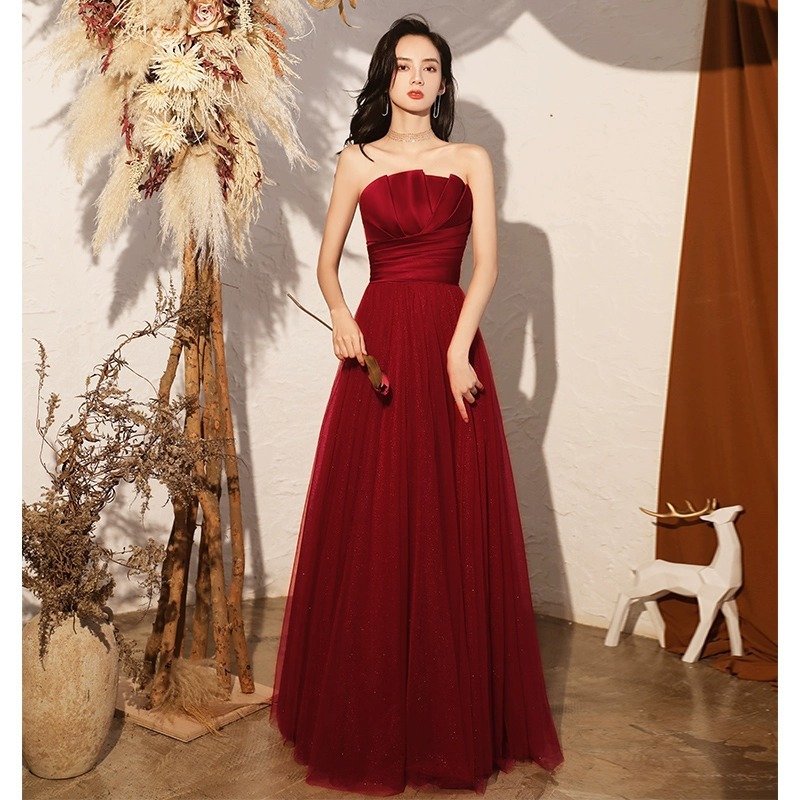 Dress Female Toast Burgundy Wedding 2025 Bridal Dinner Tube Top Long Skirt Host Annual Meeting Western Style Dress
