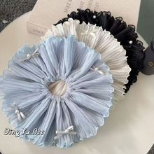 韩版新款双层蕾丝褶皱网纱珍珠蝴蝶结大肠发圈清新甜美扎马尾发圈