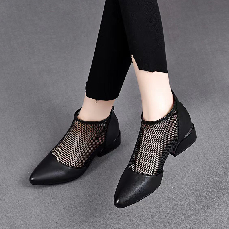Sandal lưới da thật nữ mũi nhọn gót thấp phong cách La Mã — Da Bò Lớp đầu trên
