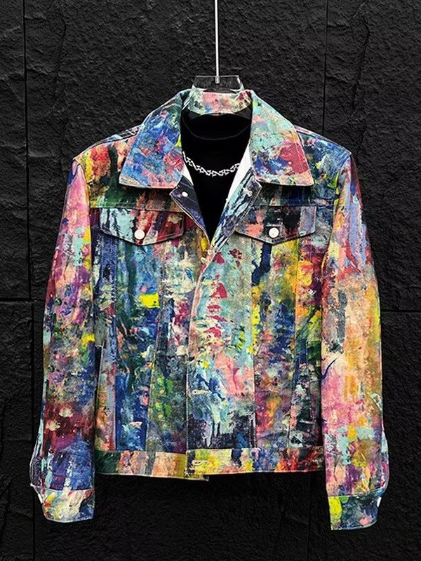 Kişi üçün qraffiti çap denim ceket, yaz-payız casual