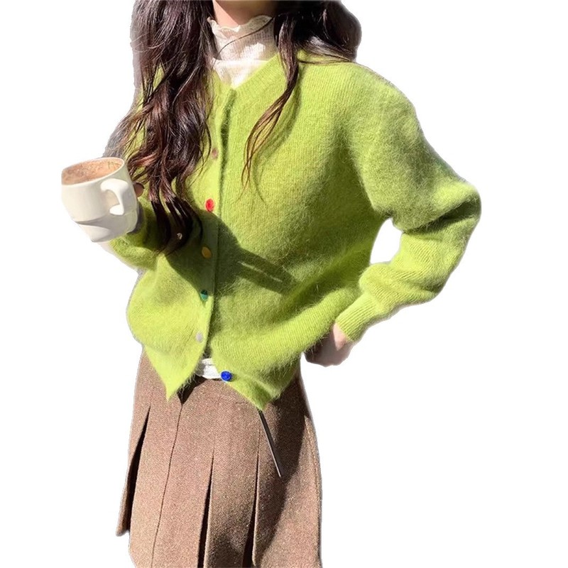 韩系彩扣设计感洋气休闲针织开衫女秋冬新款宽松软糯短款毛衣外套|undefined