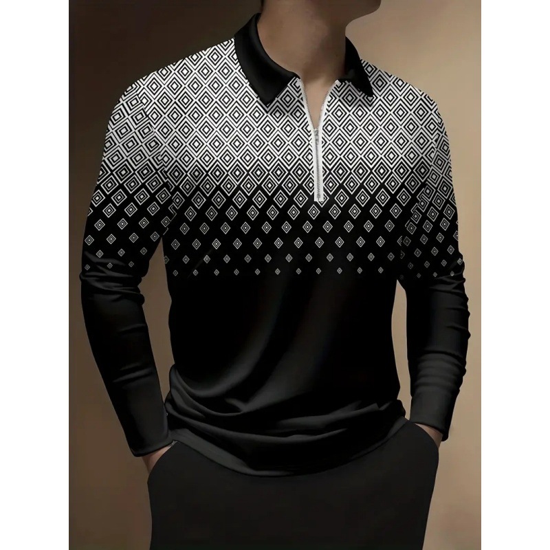 Simple retro geométrico blanco y negro patrón de degradado estampado 3D hombre casual de manga larga cremallera suelta camisa POLO