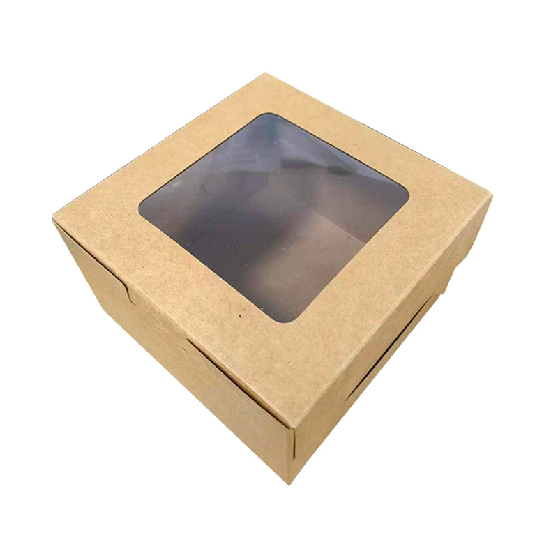 Caja de pastel cuadrado de papel Kraft transfronterizo caja de papel de ventana hueca caja de embalaje de Tarjeta blanca donut de caramelo macaron