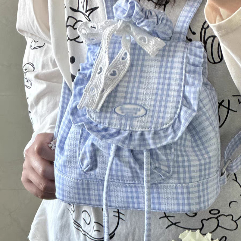 韩系蓝色蕾丝格子双肩包女2025新款甜美荷叶边背包学院风通勤书包|undefined