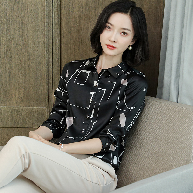 Silk Shirt Spring New Style Black and White Printed Color-Blocking Fashion High-End Elegant Long-Sleeve Mulberry Silk Satin Top for Women