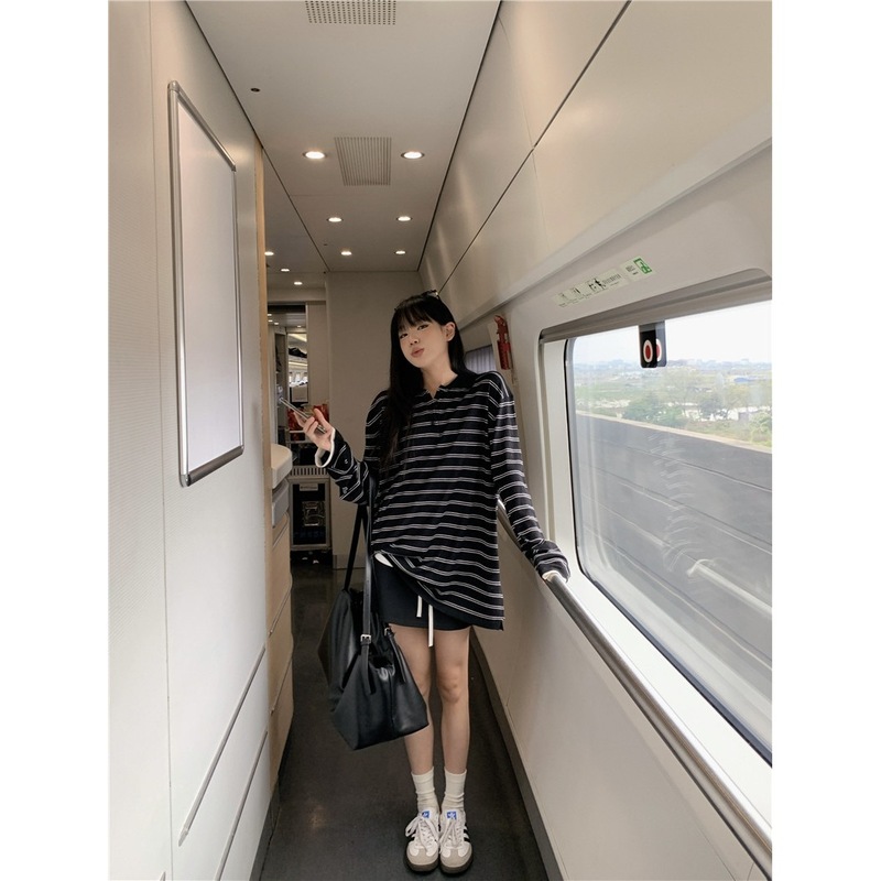 实拍 韩版休闲宽松中长款条纹T恤POLO领冰丝防晒针织衫女装87715|undefined