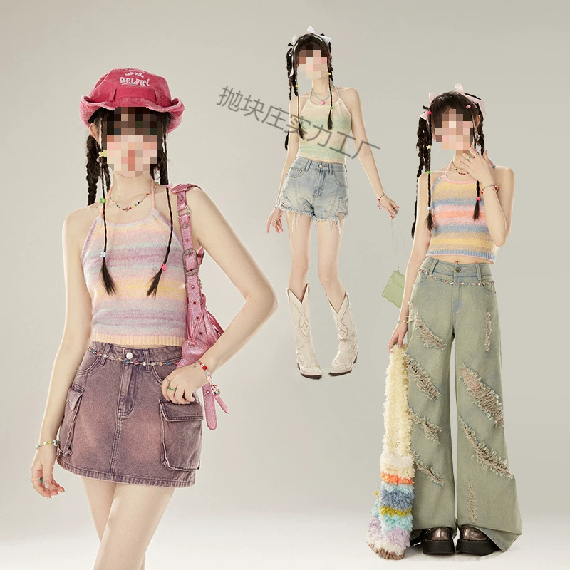 Вязаная женская подтяжка с цветным градиентом в полоску на бретельках, весенне-летняя атмосфера, тонкая короткая спинка