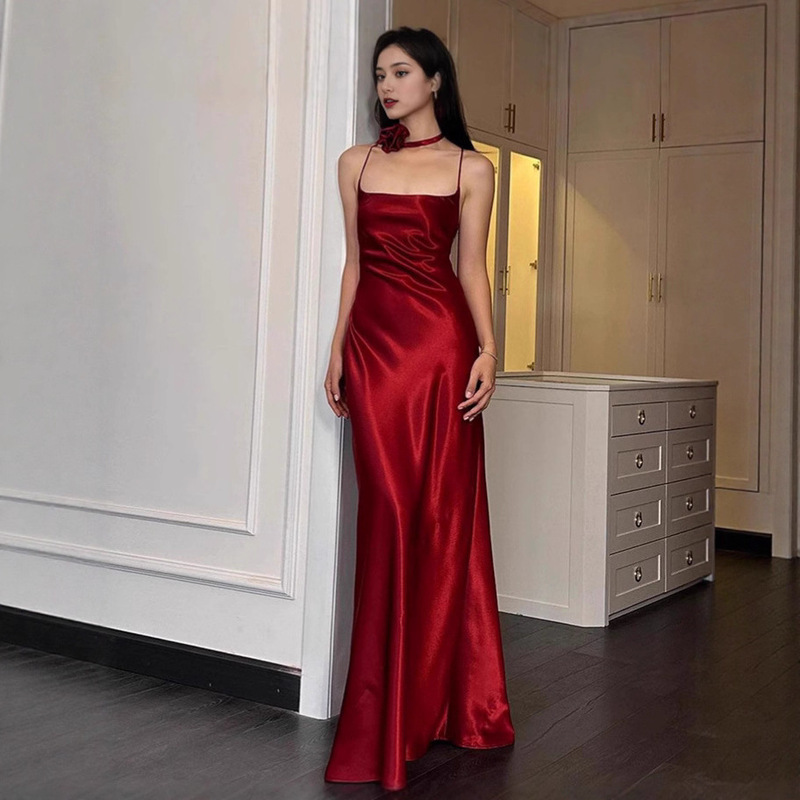 European and American Cross-Border Fashion Sexy Hot Girl Lv Women's Solid Color Simple Satin Slim Fit Bodycon Long Dress Lv Dress European and American Cross-Border Fashion Sexy Hot Girl Lv Women's Solid Color Simple Satin Slim Fit Bodycon Long Dress Lv Dress