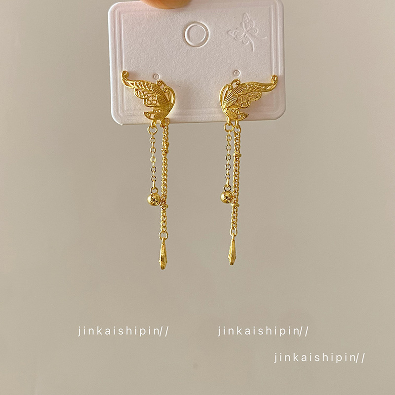 Temperament rich gold light luxury high-end Joker butterfly pendant earrings women's 2024 new earrings earrings wholesale