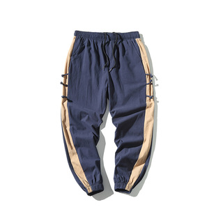 24 New Color-matching Trousers Chinese Guofeng Men's Fashion Large Size Leg Cotton Linen Casual Trousers Harlan Trendy Pants
