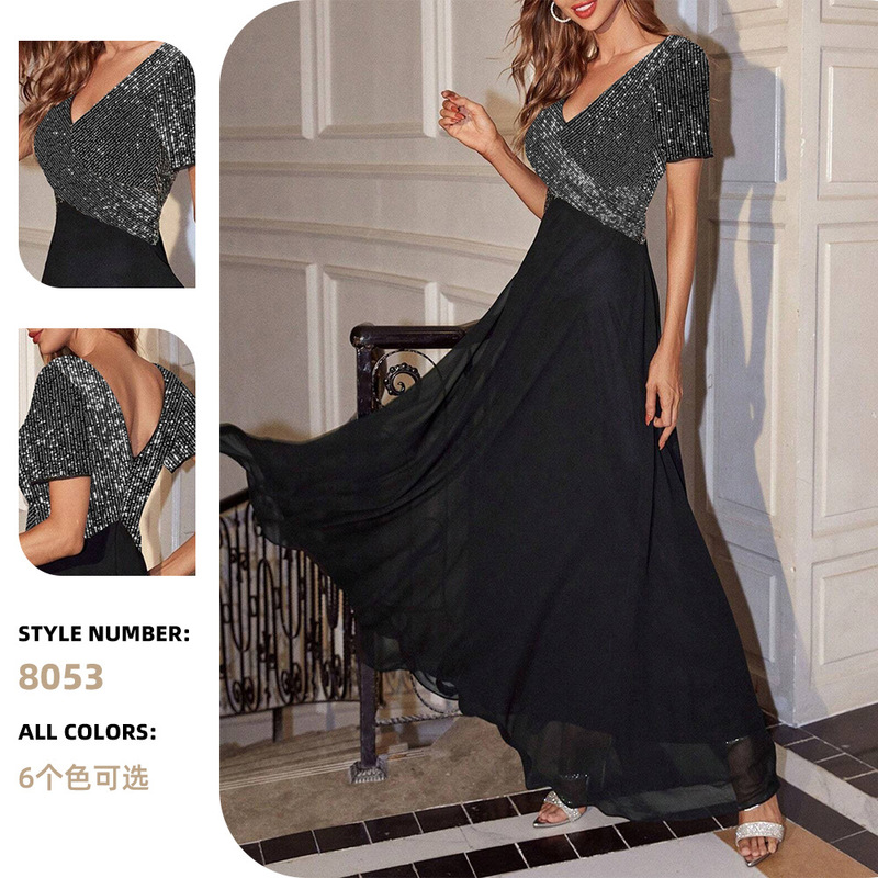Cross-Border Amazon Sequined V-Neck Chiffon Elegant Party Dress Graduation Ball Gown Holiday Guest Wedding Dress