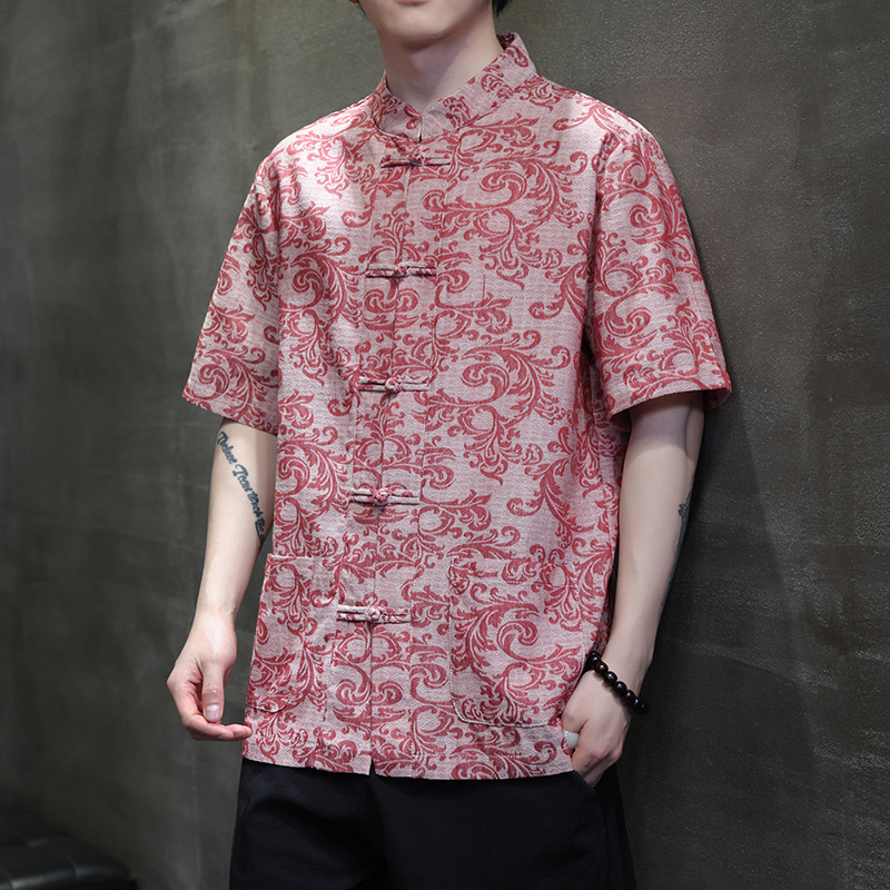 新中式夏季薄款提花唐装短袖中国风五分袖盘扣中山装传统汉服半袖