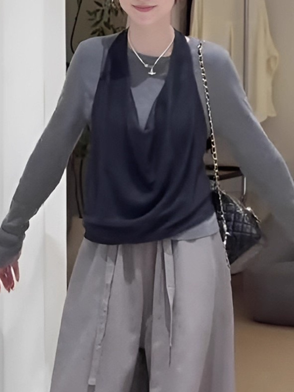 复古慵懒风v领挂脖长袖针织衫女2025新款早秋宽松小个子叠穿上衣|undefined