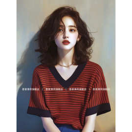 洋气减龄独特别致上衣设计感小众宽松休闲显瘦红色条纹短袖恤夏