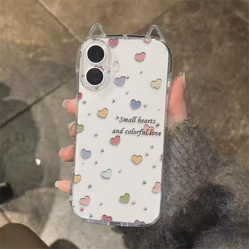 Transparent Cat Ears Mini Heart Suitable for Apple 16 15 14 13Promax Mobile Phone Case 12 17 Transparent