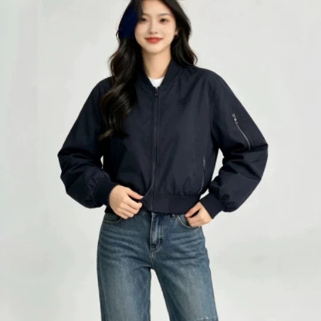 Baseball collar short sun protection jacket for women, casual zip-up flight jacket, multi-pocket loose breathable thin sun protection.