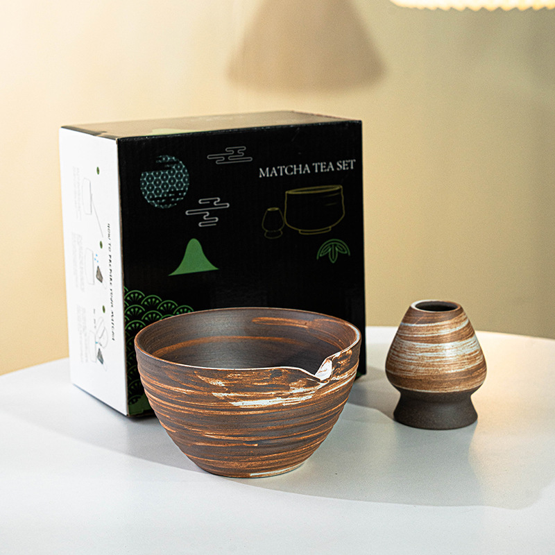 Rough Pottery Matcha Bowl with Spout, Ceramic Tea Set Accessories, Tea Whisk Stand Set, Japanese Tea Ceremony Tea Art Cross-Border Shadow White