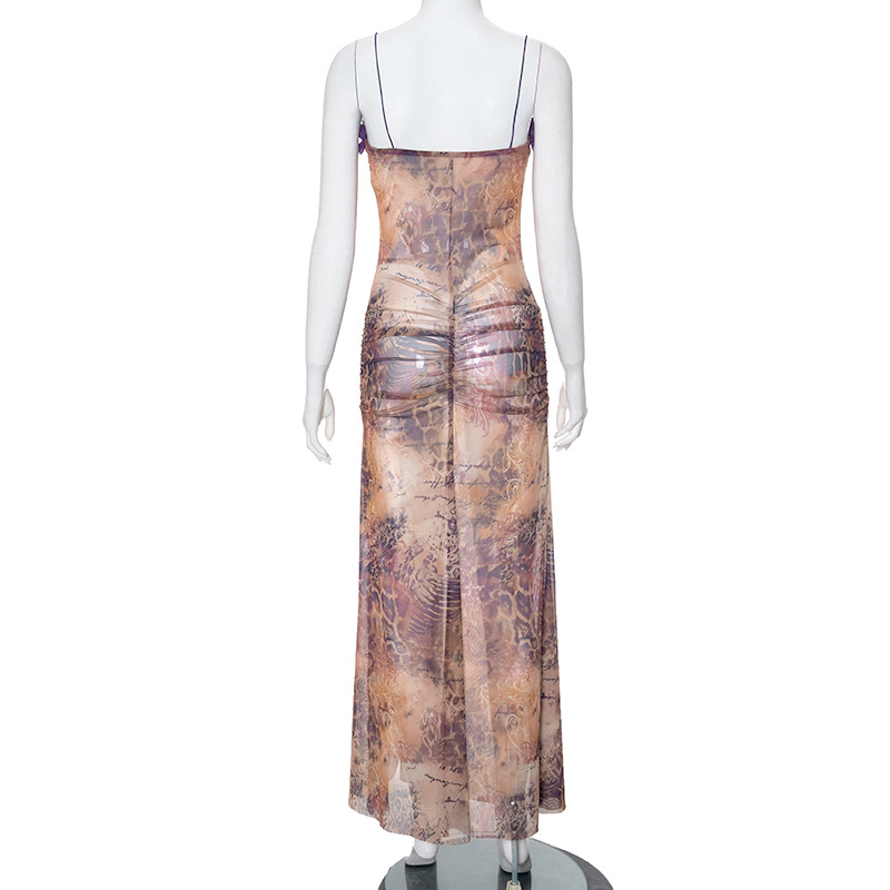 Women Clothing Hollow Out Cutout out Camisole Lace Pleated Slit Dress